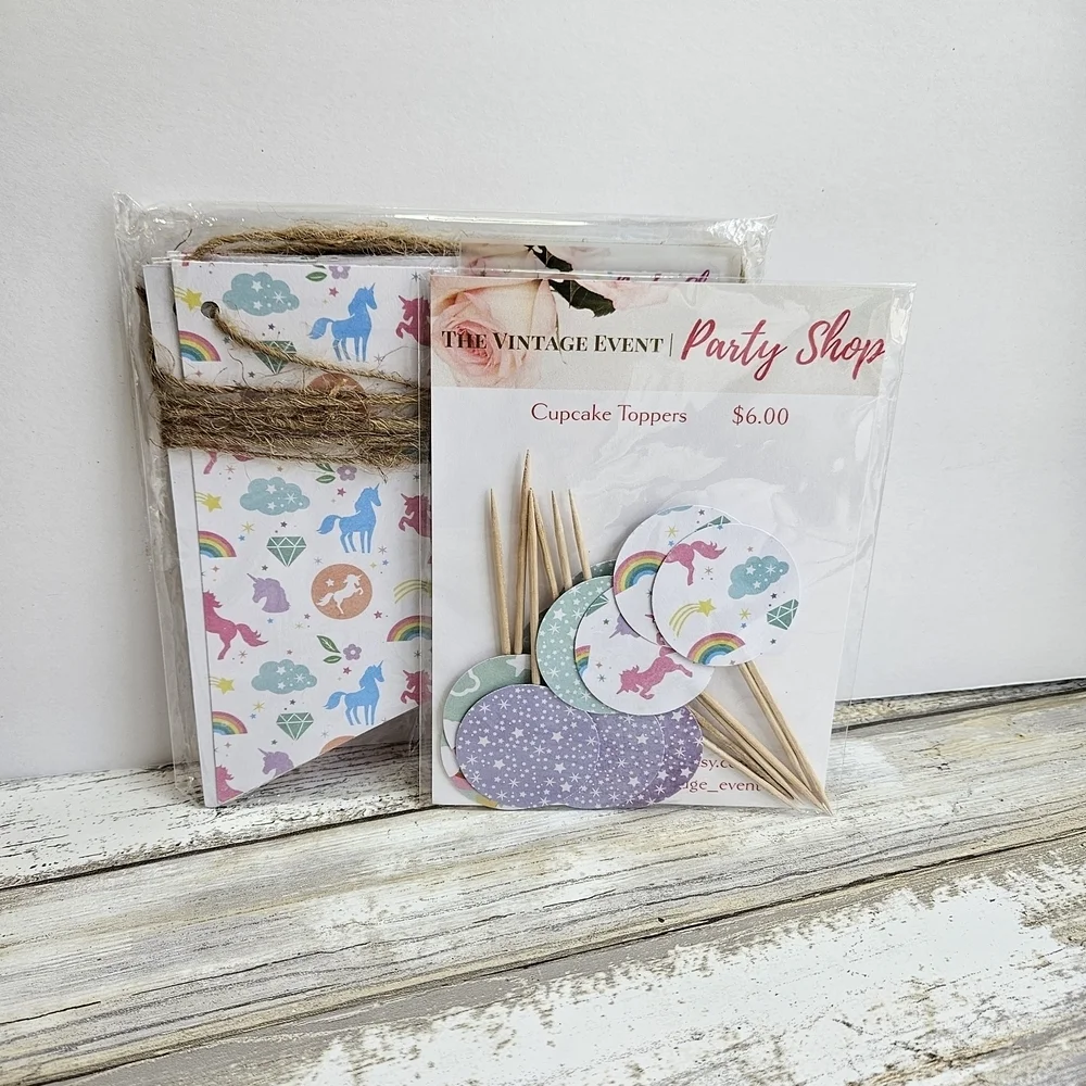 Pastel Unicorn Rainbow Banner And Cupcake Toppers